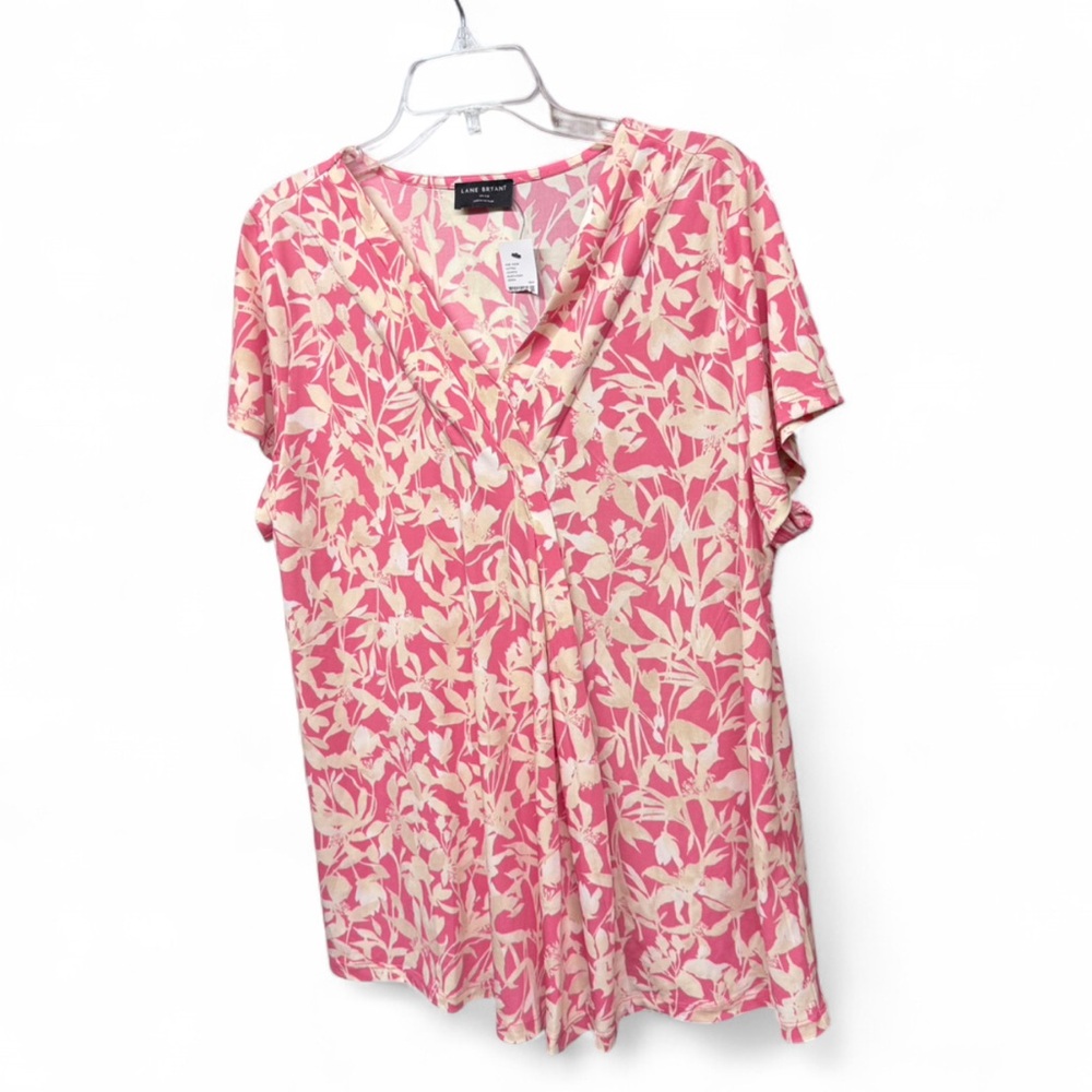 Lane Bryant Pink Floral Draped V-Neck Top Short Sleeve Stretch Size 14/16 - Picture 4 of 8